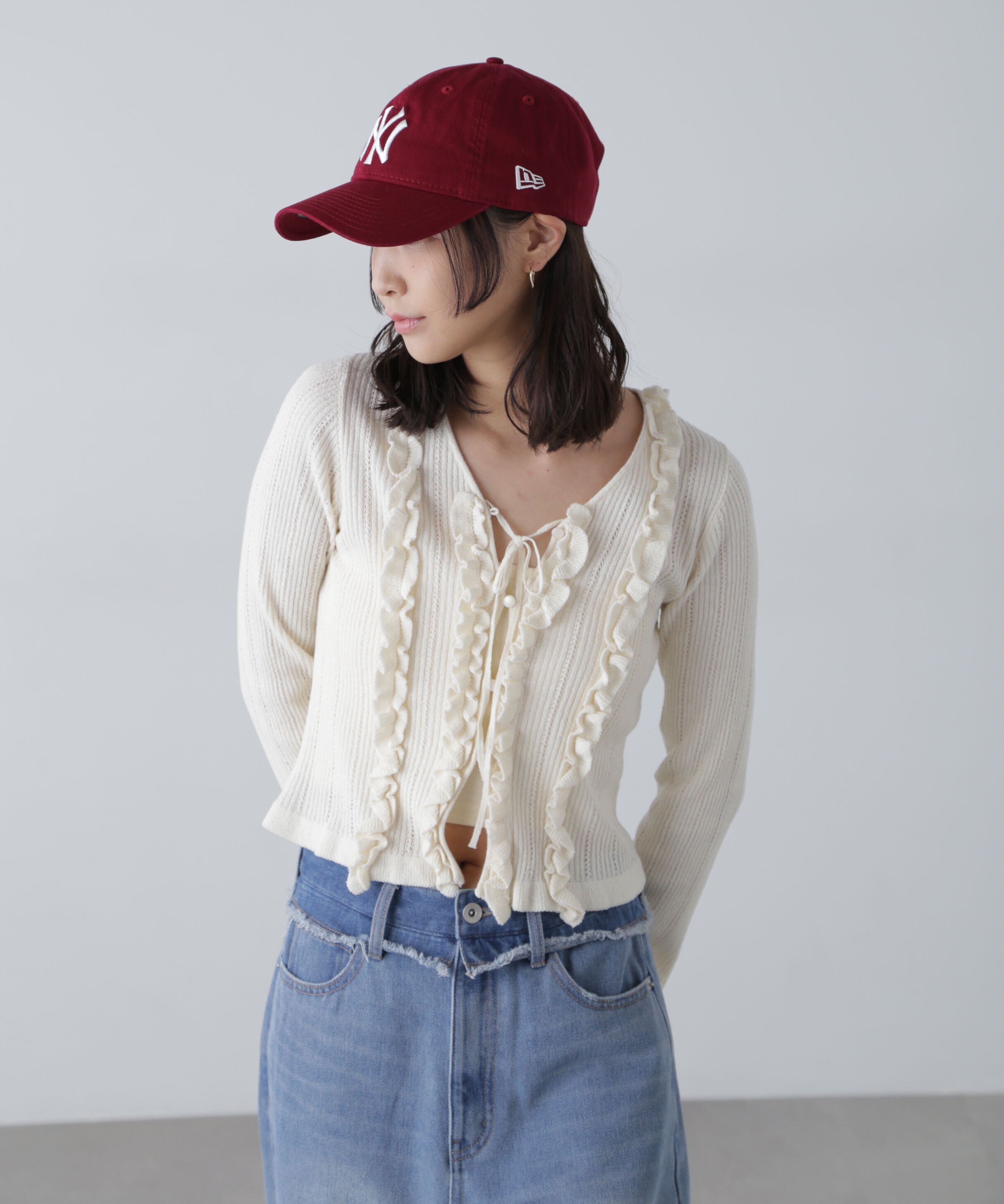  「フリルアイレットリブニットカーディガン」|ニット・セーター|