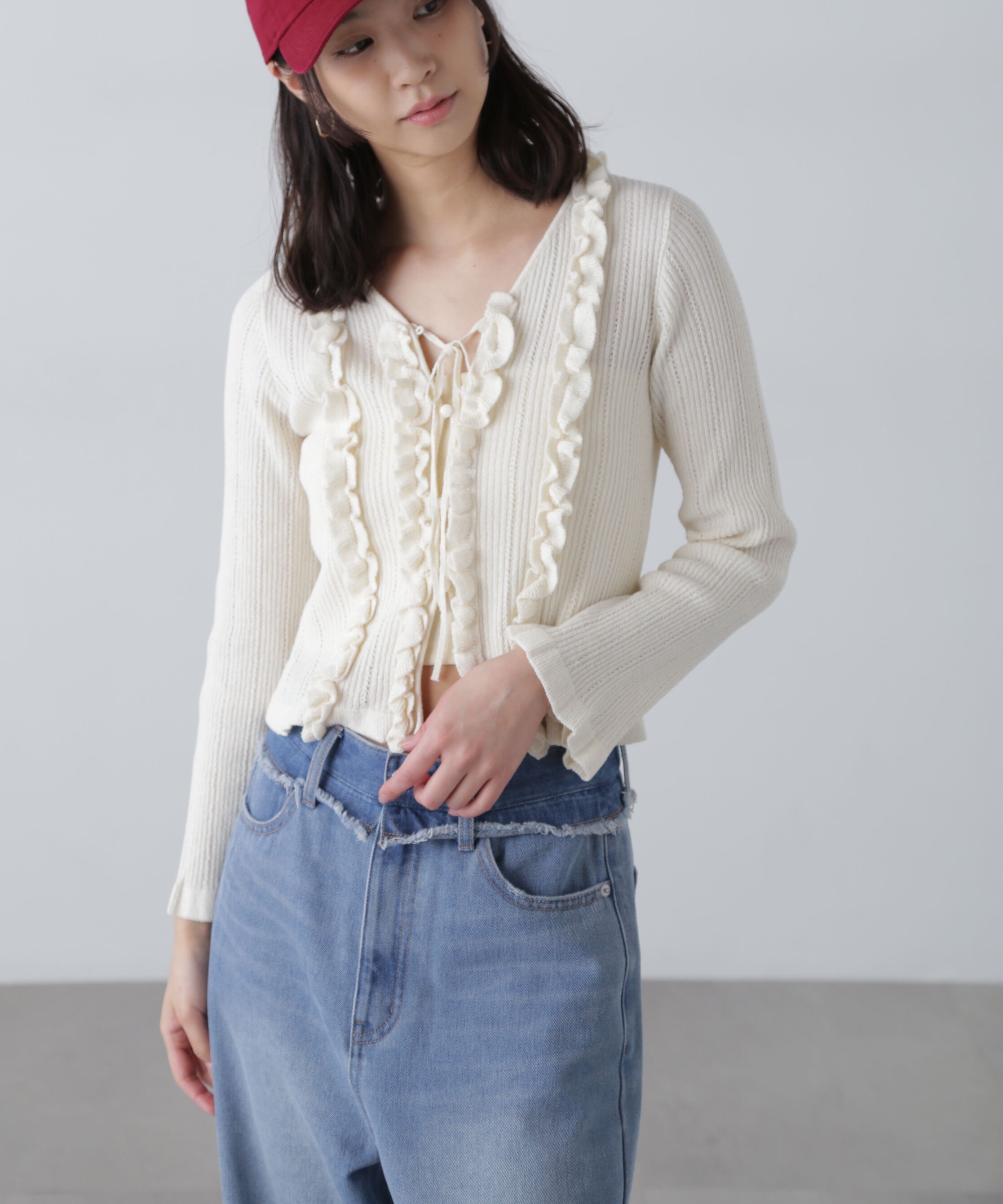  「フリルアイレットリブニットカーディガン」|ニット・セーター|