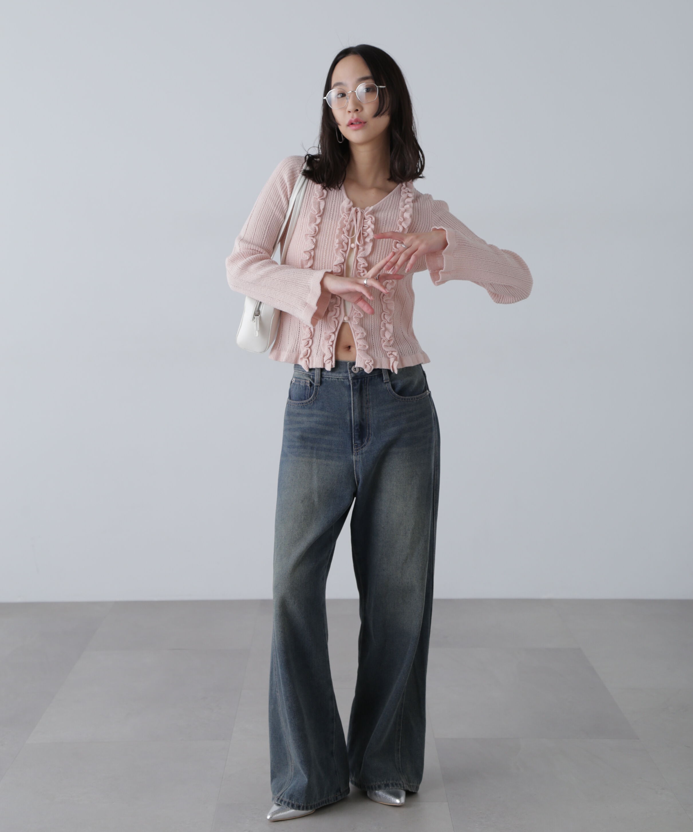  「フリルアイレットリブニットカーディガン」|ニット・セーター|