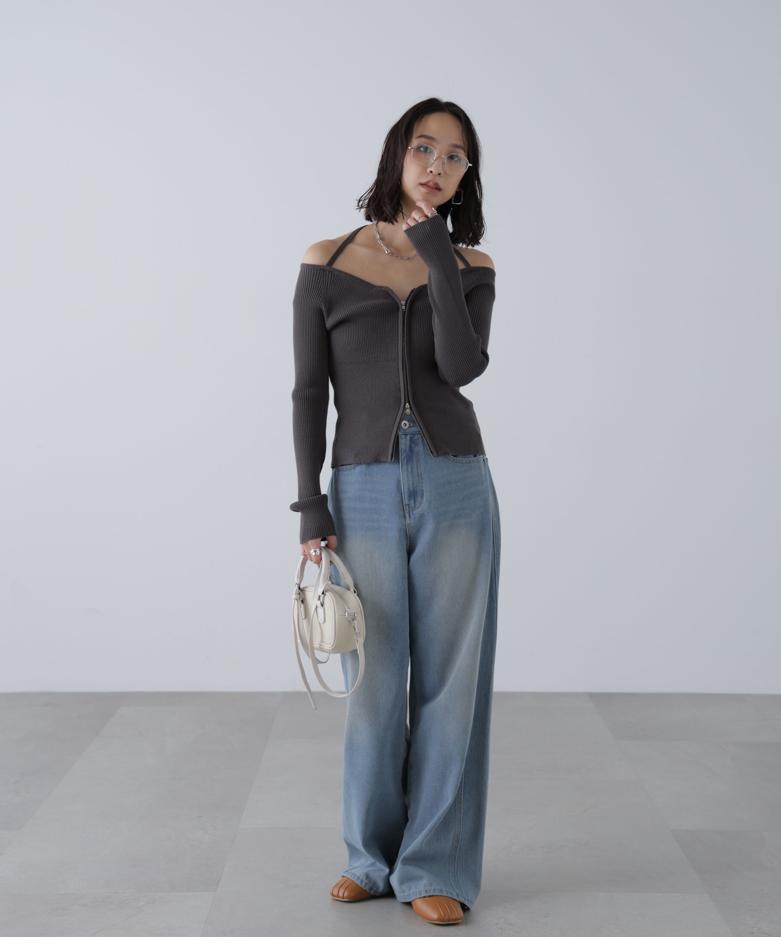  「ジップアップオフショルダーリブニット」|ニット・セーター|