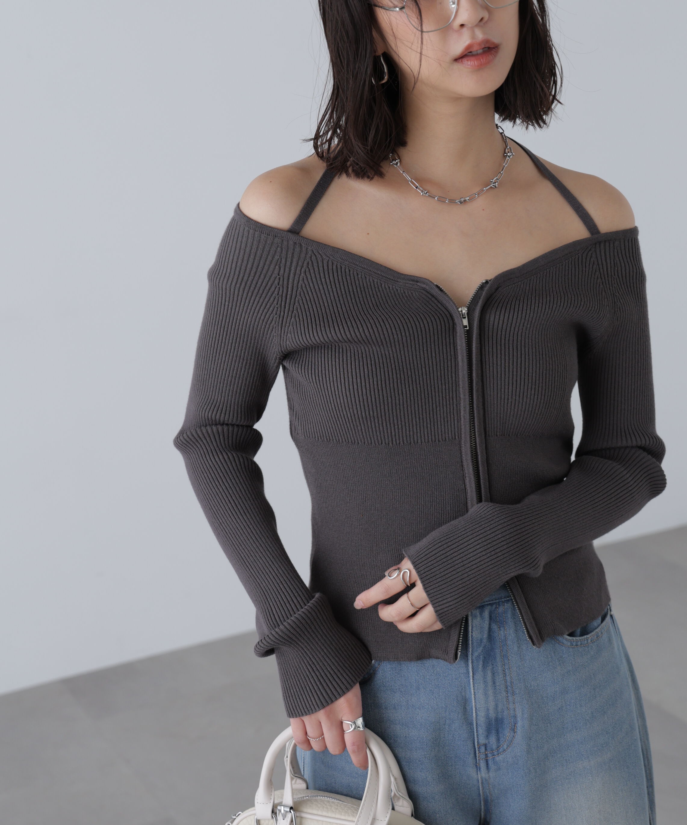  「ジップアップオフショルダーリブニット」|ニット・セーター|