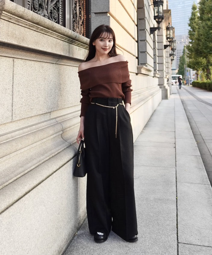 PROPORTION BODY DRESSING「＜谷川菜奈さん着用＞オフショルリブニット 25AW」|ニット・セーター|ブラウン