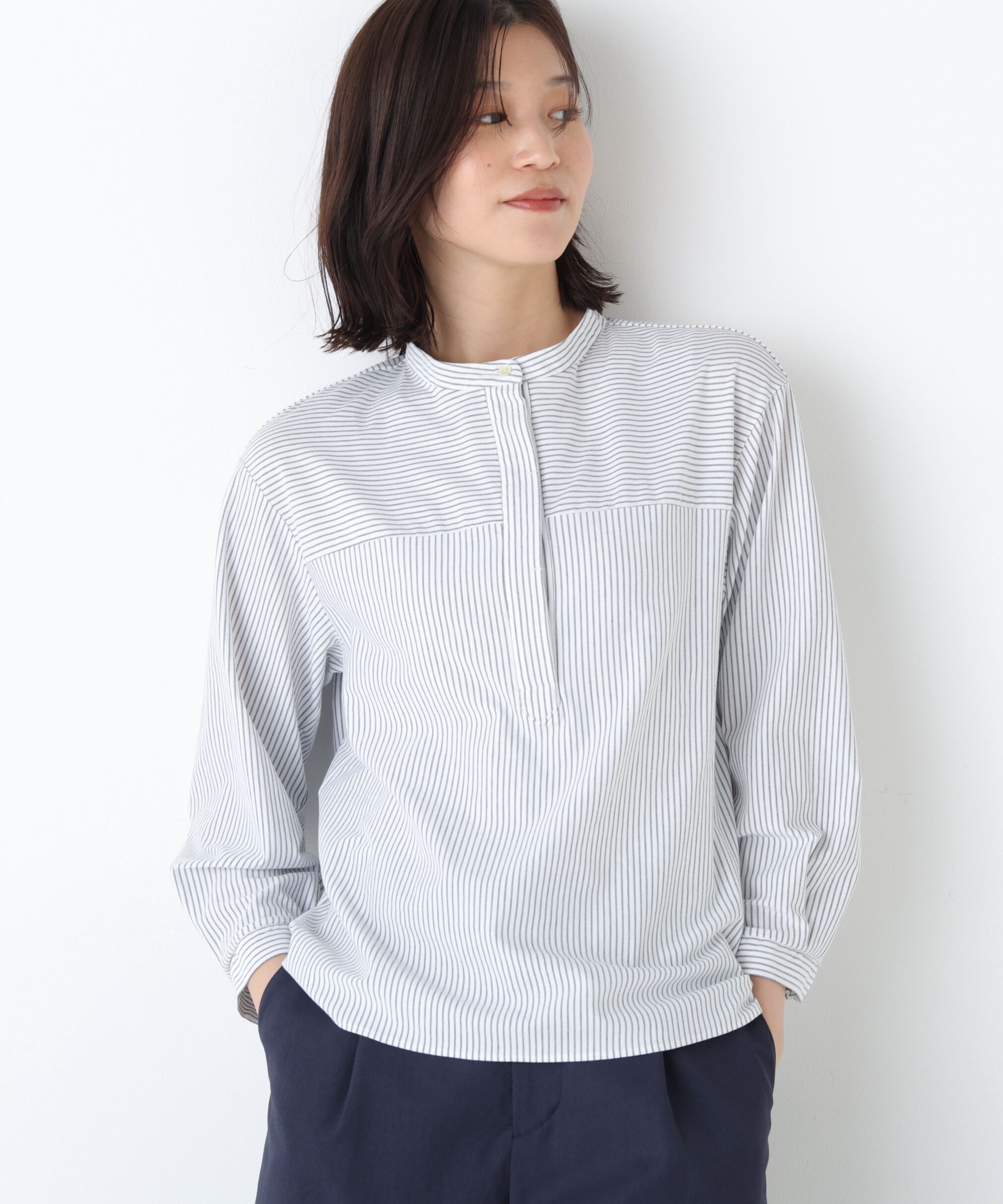  「◆《ウォッシャブル》鹿の子ジャージーバンドカラープルオーバー」|Tシャツ・カットソー|ネイビーBD3