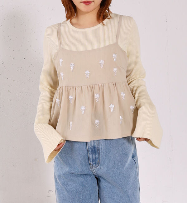 archives「ビーズ刺繍ペプラムビスチェ&times;リブニットプルオーバーＳＥＴ」|カーディガン|BEIGE