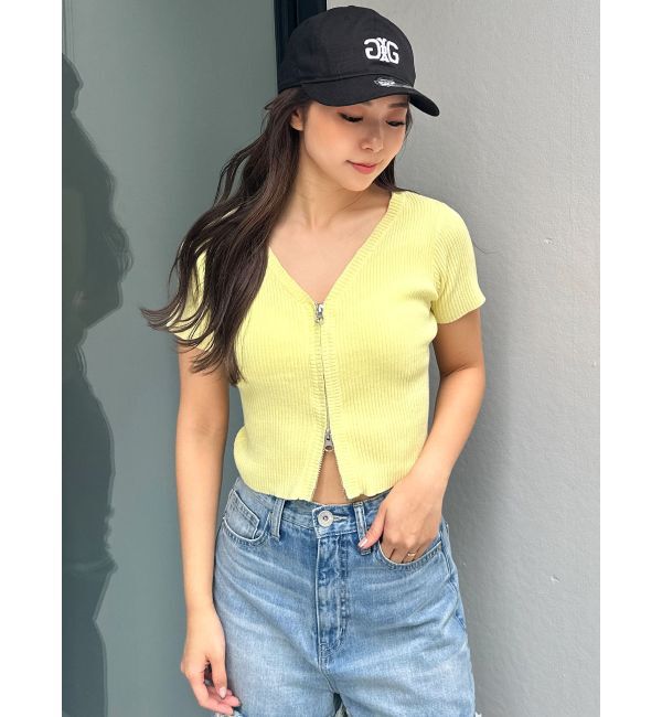 GYDA「ハーフスリーブブリーチWファスナーリブニットトップス」|ニット・セーター|