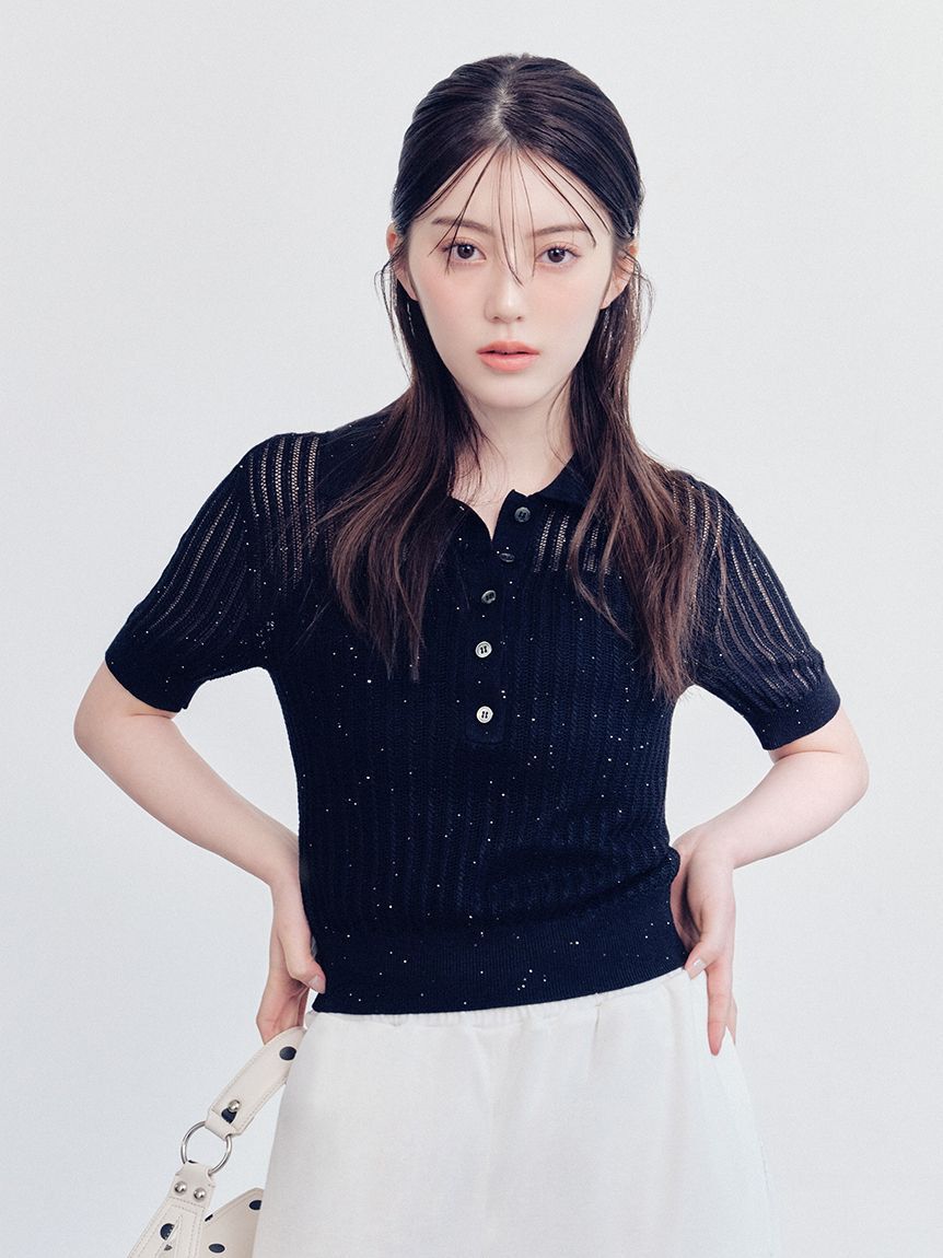 FRAY I.D「スパンコールアイレットケーブルポロニット」|ニット・セーター|