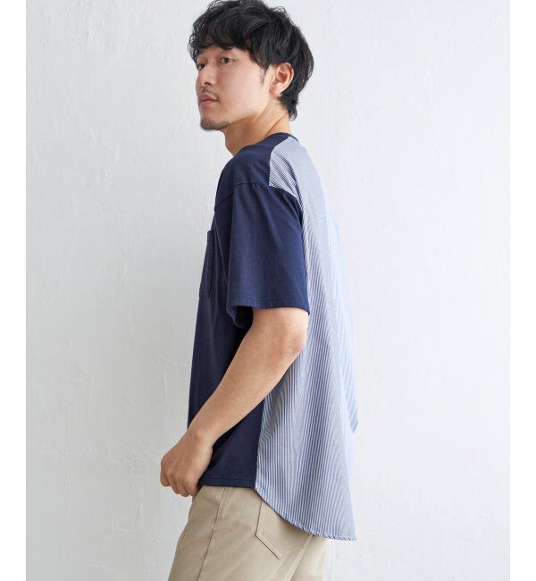 ikka「ストライプブロード切り替えTシャツ」|Tシャツ・カットソー|