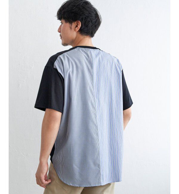 ikka「ストライプブロード切り替えTシャツ」|Tシャツ・カットソー|ブラック
