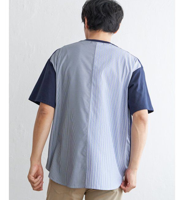 ikka「ストライプブロード切り替えTシャツ」|Tシャツ・カットソー|ネイビー