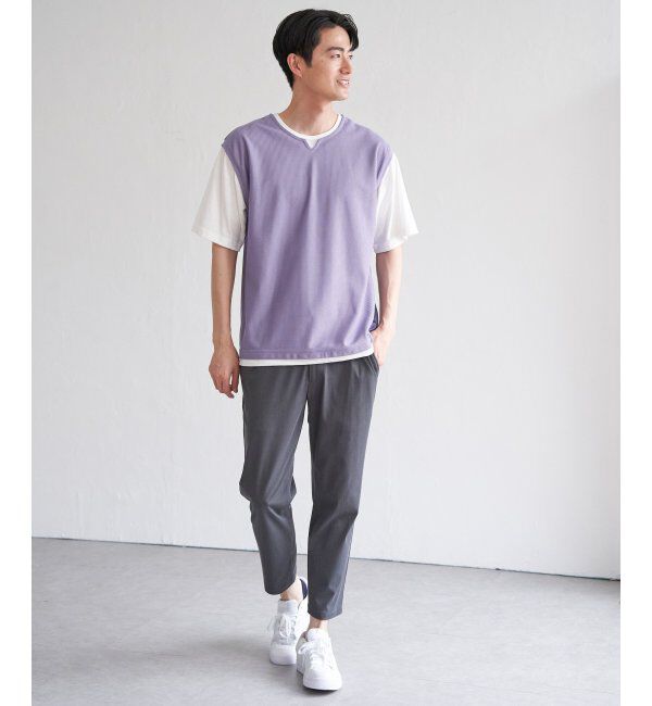 ikka「【接触冷感／吸水速乾】ヘリンボンキーネックフェイクベストTシャツ【親子おそろい】」|Tシャツ・カットソー|