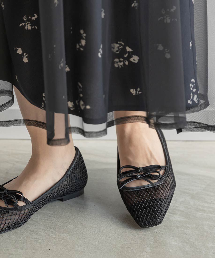  「ダブルリボンメッシュフラットパンプス」|パンプス|