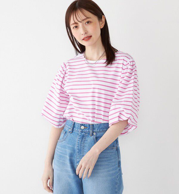 SHIPS Colors 「SHIPS Colors:〈洗濯機可能〉カラー ボーダー ギャザー スリーブ プルオーバー」|Tシャツ・カットソー|