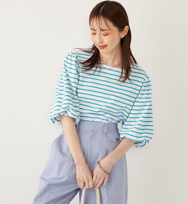 SHIPS Colors 「SHIPS Colors:〈洗濯機可能〉カラー ボーダー ギャザー スリーブ プルオーバー」|Tシャツ・カットソー|グリーン