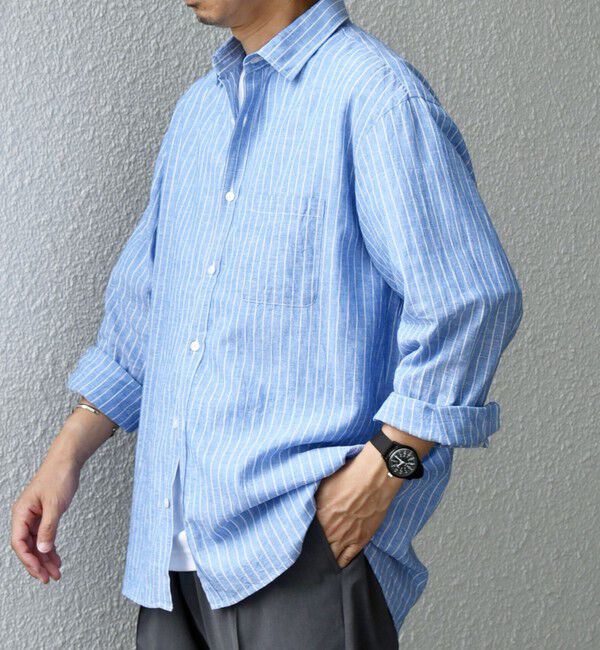 SHIPS any「SHIPS any: コットン/リネン ストライプ 7分袖 レギュラー シャツ◇◇」|シャツ・ブラウス|ブルー
