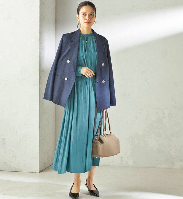 SHIPS for women「〈手洗い可能〉カッセン ギャザー ベルト付き 長袖 ワンピース」|ワンピース|グリーン