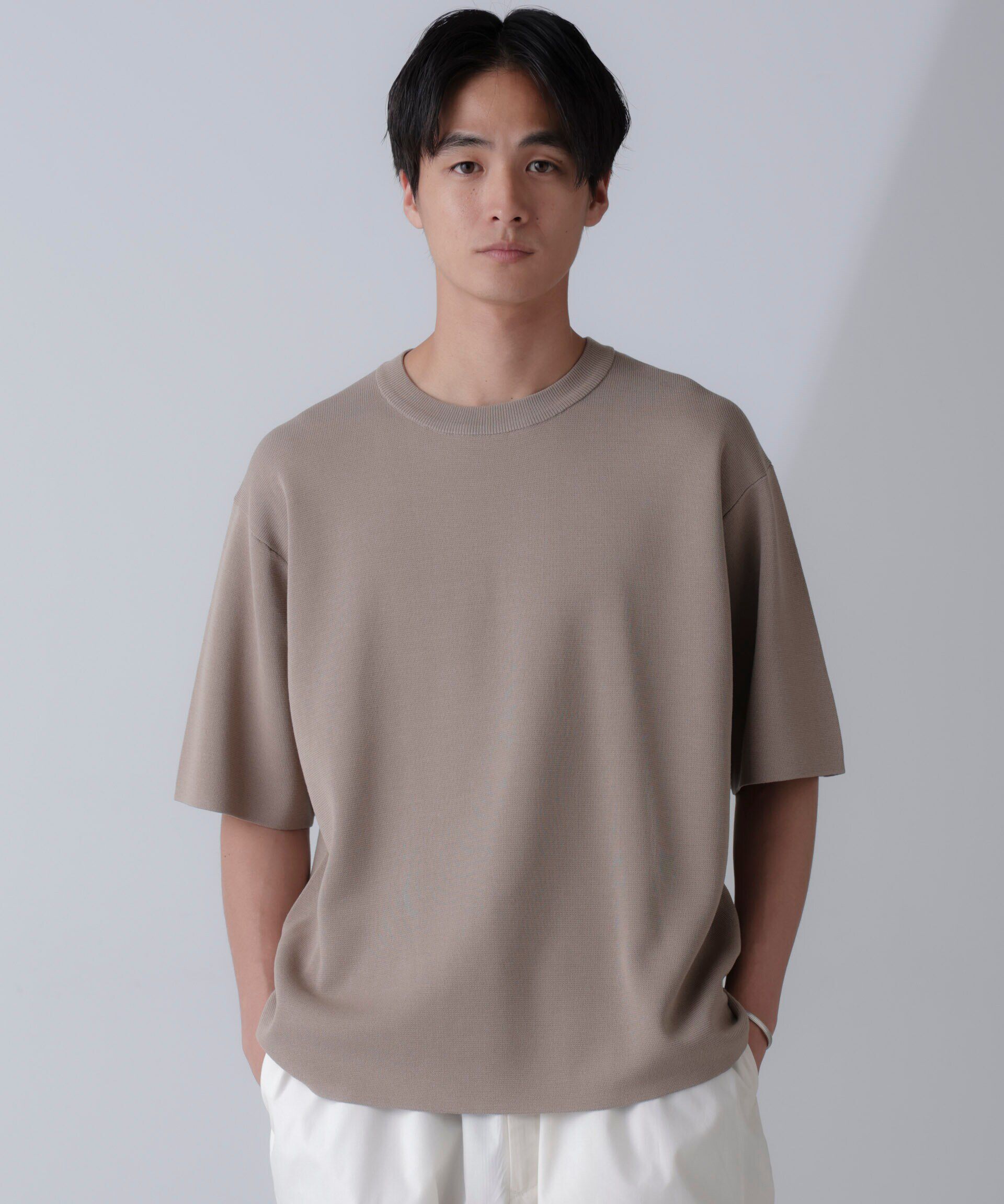 nano･universe「14ゲージミラノリブニット クルーネック 半袖(手洗い可能)」|ニット・セーター|