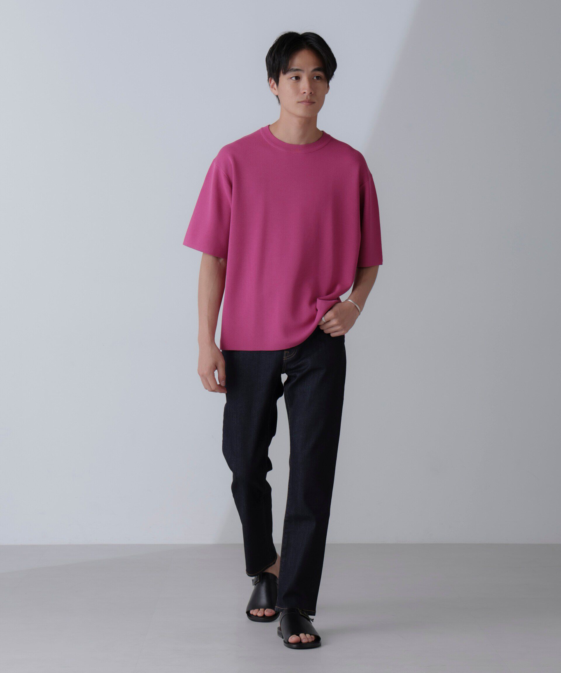 nano･universe「14ゲージミラノリブニット クルーネック 半袖(手洗い可能)」|ニット・セーター|