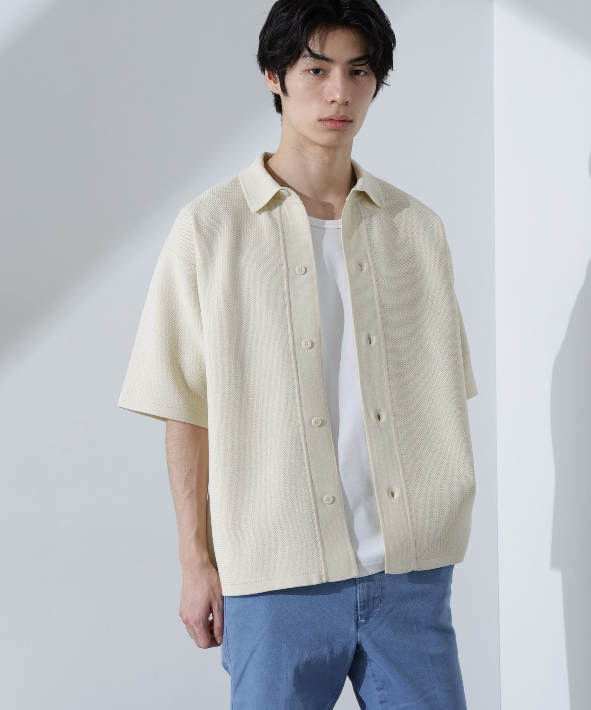 nano･universe「エアーニットレギュラーカラーシャツ 半袖」|ニット・セーター|アイボリー7