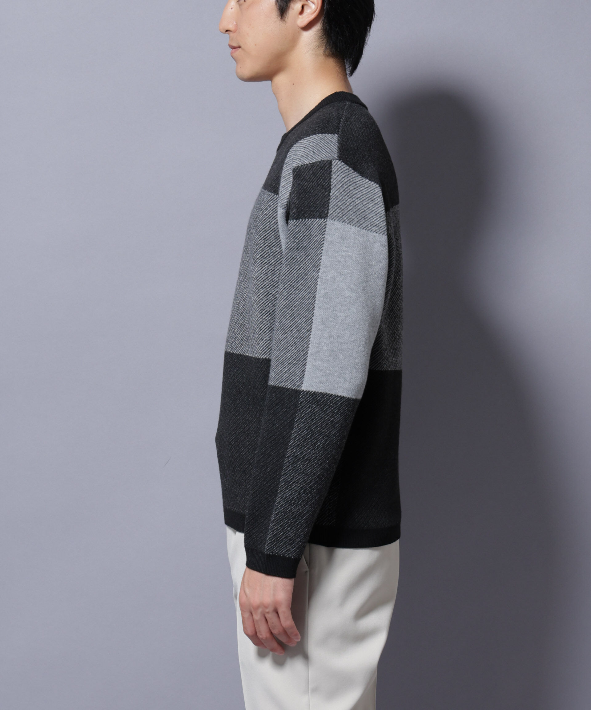 nano･universe「ブロックチェッククルーネックニット」|ニット・セーター|