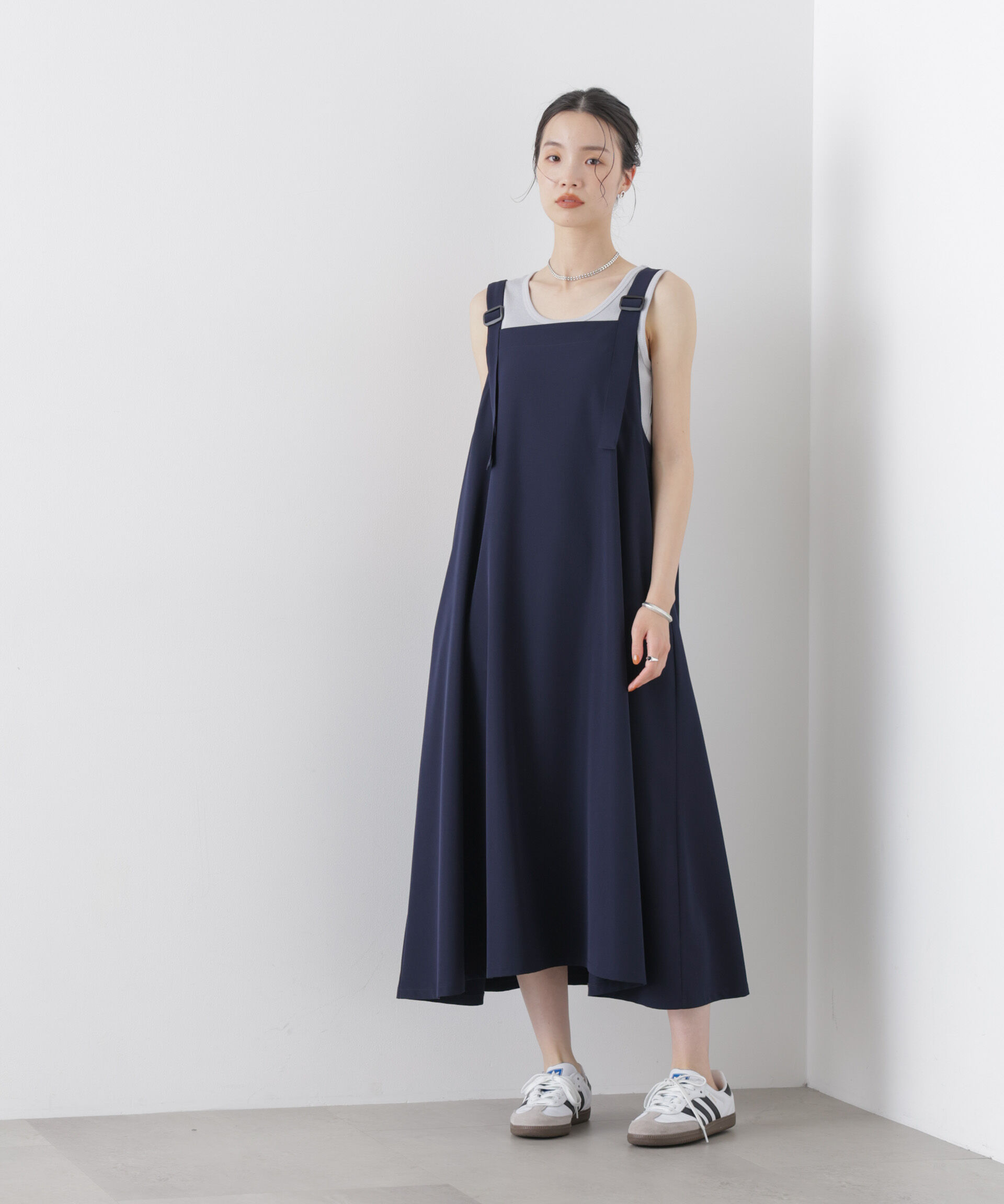 nano･universe「多機能2wayストレッチ サロペットフレアワンピース(セットアップ可)」|ワンピース|ネイビー