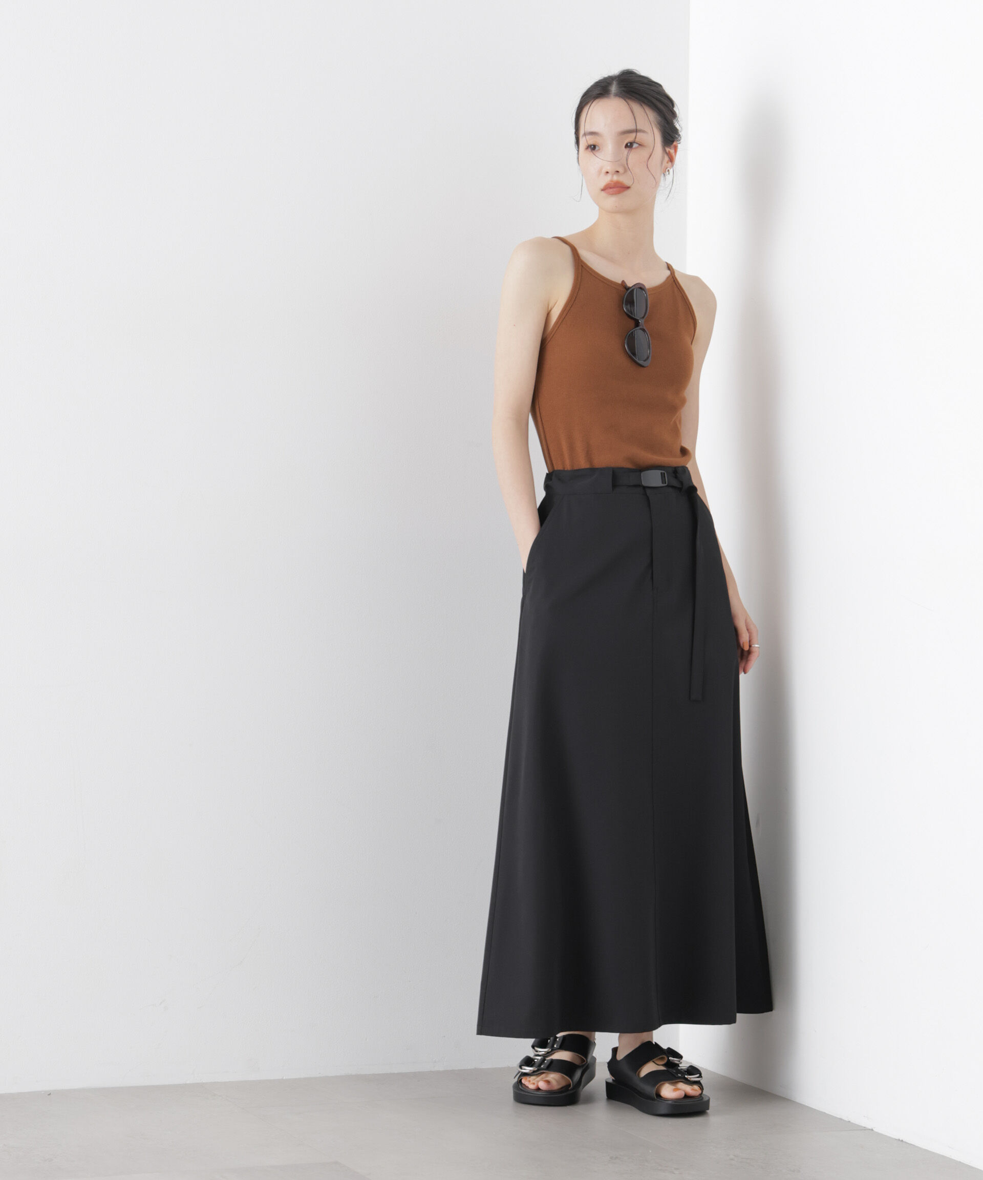 nano･universe「多機能2wayｽﾄﾚｯﾁ ﾍﾞﾙﾃｯﾄﾞｾﾐﾌﾚｱﾏｷｼｽｶｰﾄ(ｾｯﾄｱ 」|スカート|