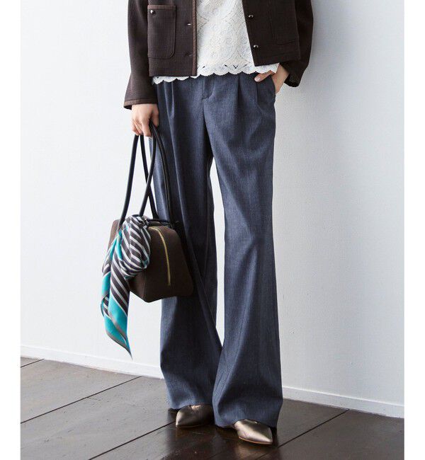 自由区「【セットアップ対応・楽チンキレイ見え】ソフトリネンダンガリーワイド パンツ」|その他|ネイビー