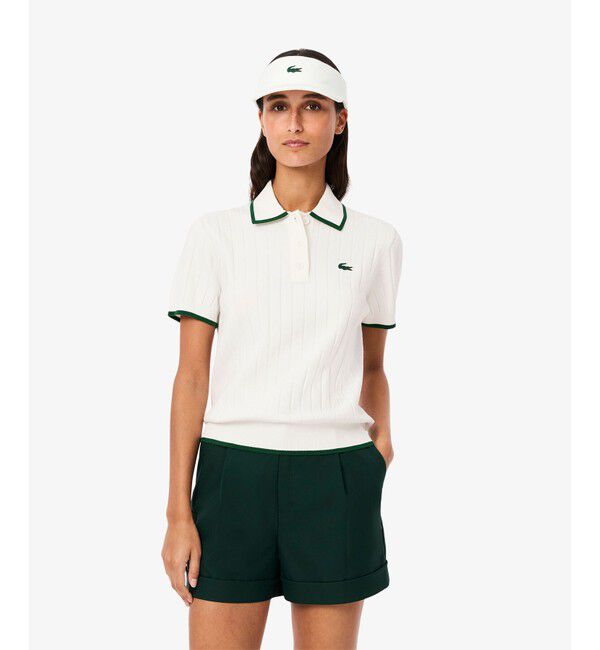 LACOSTE「メッシュ切り替え エッジ配色ゴルフニットポロシャツ」|ニット・セーター|オフホワイト
