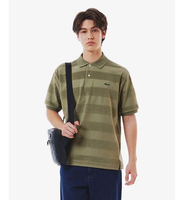 LACOSTE「パイル地切り替え同色ボーダーポロシャツ」|ポロシャツ|カーキ
