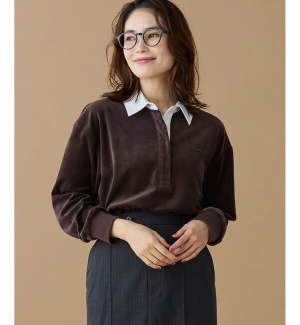 LACOSTE「ルーズシルエット サイドスリット ベロアポロシャツ」|ポロシャツ|ダークブラウン