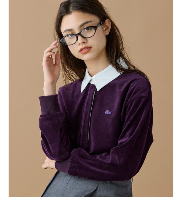 LACOSTE「ルーズシルエット サイドスリット ベロアポロシャツ」|ポロシャツ|ダークブルー