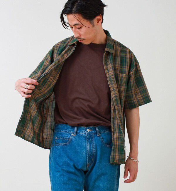 GLOSTER「【軽羽織りにおすすめ】シアーチェック 半袖ZIPシャツ」|シャツ・ブラウス|グリーン系その他