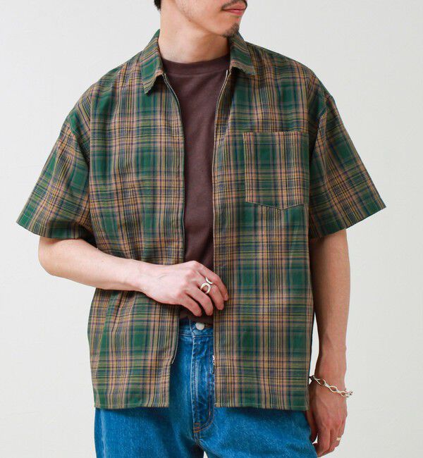 GLOSTER「【軽羽織りにおすすめ】シアーチェック 半袖ZIPシャツ」|シャツ・ブラウス|