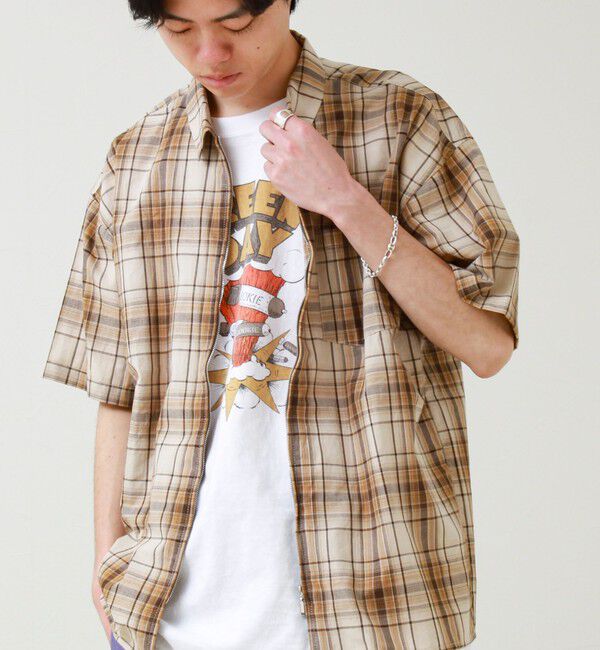 GLOSTER「【軽羽織りにおすすめ】シアーチェック 半袖ZIPシャツ」|シャツ・ブラウス|