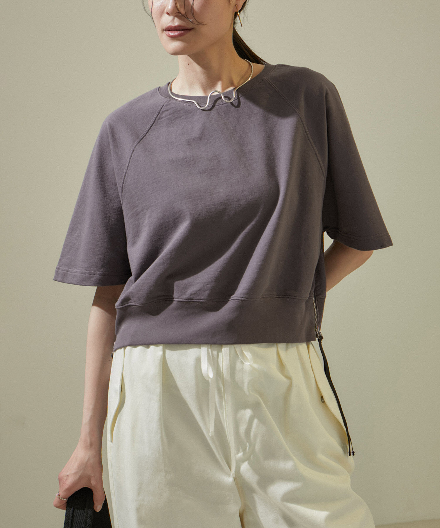 SALON adam et rope'「【WEB限定】サイドジップハーフスリーブスウェットTシャツ」|Tシャツ・カットソー|