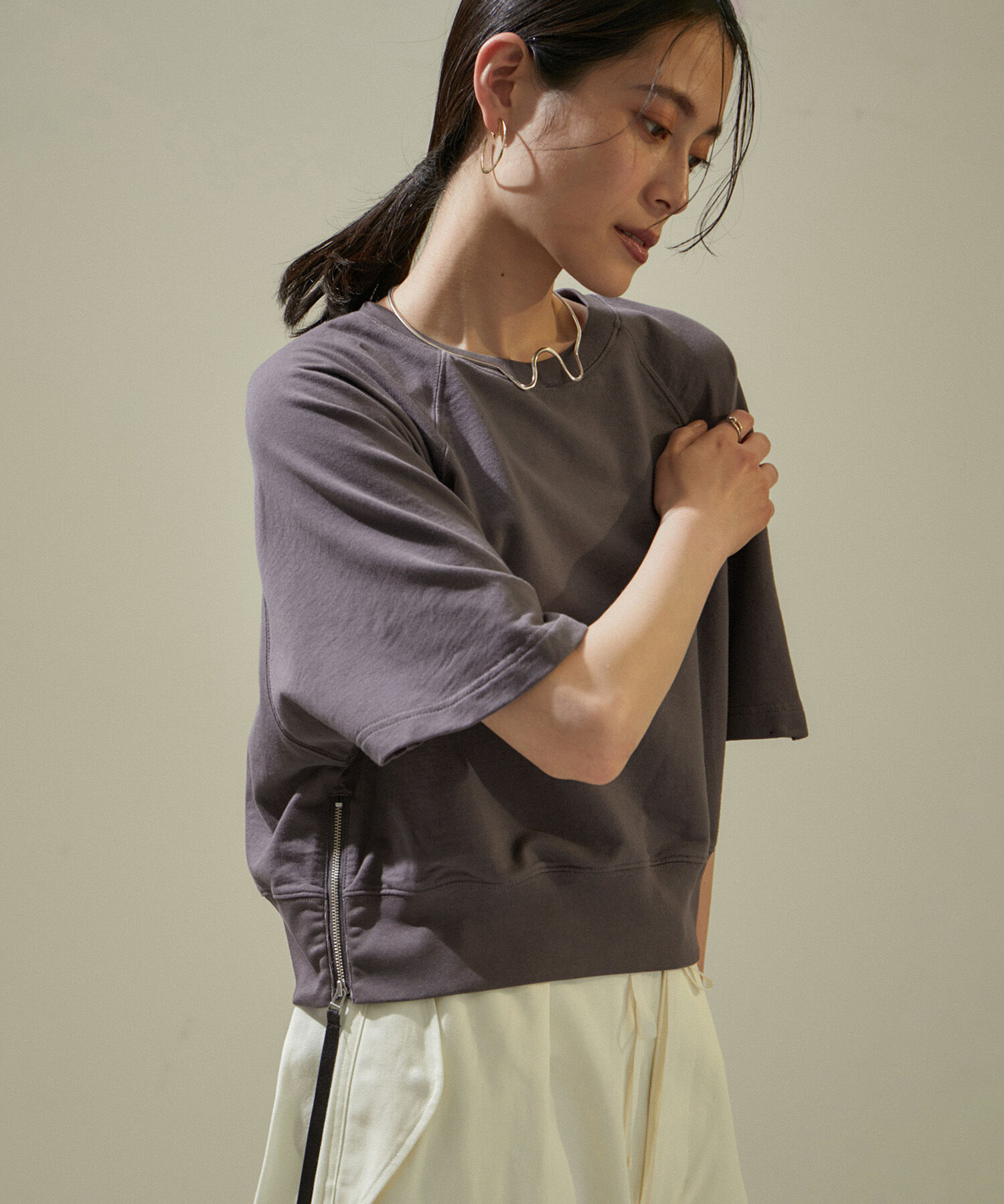 SALON adam et rope'「【WEB限定】サイドジップハーフスリーブスウェットTシャツ」|Tシャツ・カットソー|