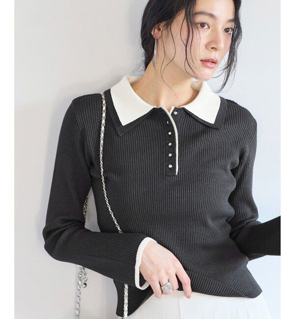 VIS「ダブルカラーポロニットトップス」|ニット・セーター|チャコール(06)