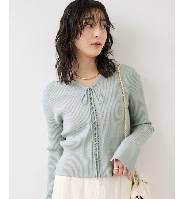 VIS「レースアップリブニット」|ニット・セーター|ライトグリン(33)