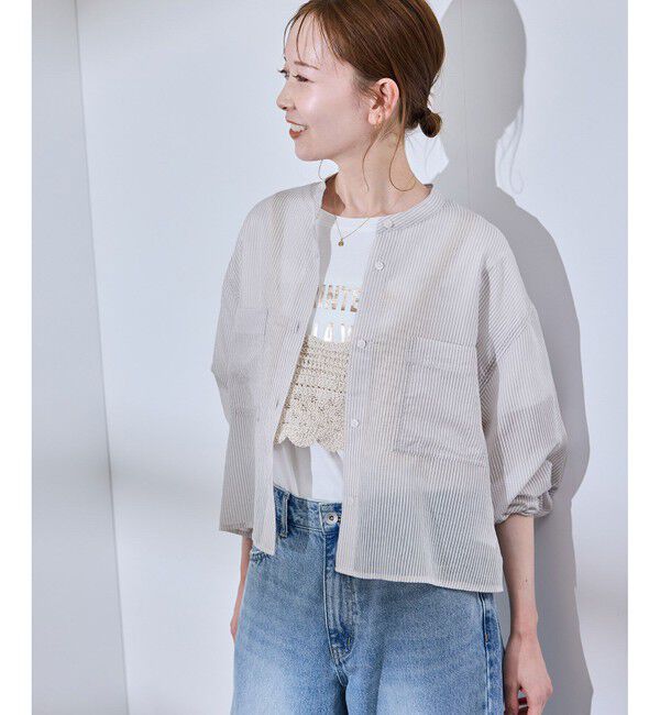 Rope&rsquo;Picnic「着丈が選べるバンドカラーストライプシアーシャツ」|シャツ・ブラウス|