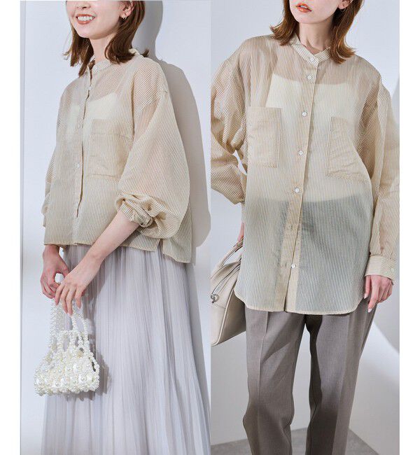 Rope&rsquo;Picnic「着丈が選べるバンドカラーストライプシアーシャツ」|シャツ・ブラウス|ベージュ系(28)