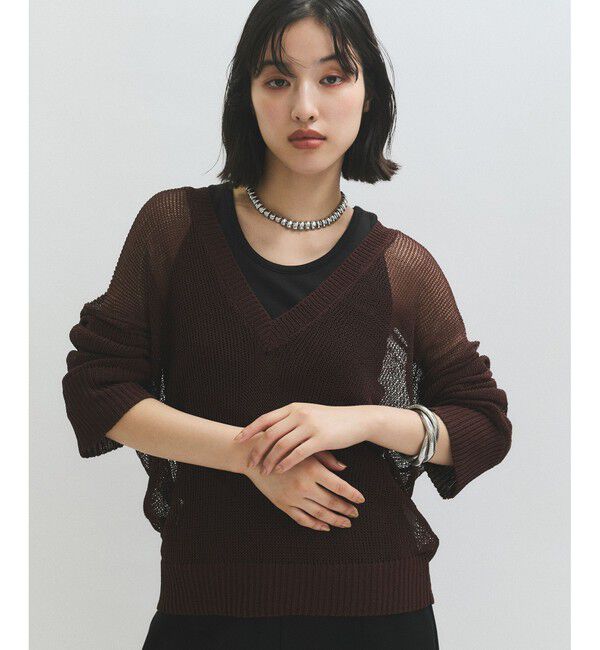 ADAM ET ROPE'「シアーVネックトップス」|Tシャツ・カットソー|ブラウン系(22)