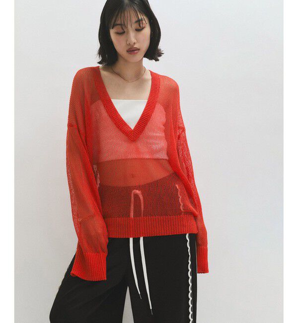 ADAM ET ROPE'「シアーVネックトップス」|Tシャツ・カットソー|レッド系(62)