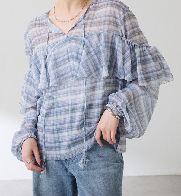  「チェックシフォンラッフルブラウス」|シャツ・ブラウス|グレー