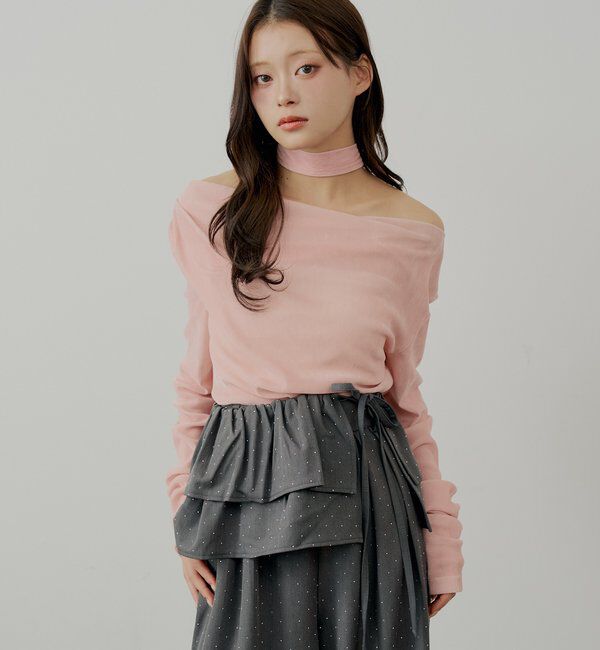  「【SALON by Chico】タイ付きベロアワンショルギャザートップス」|Tシャツ・カットソー|