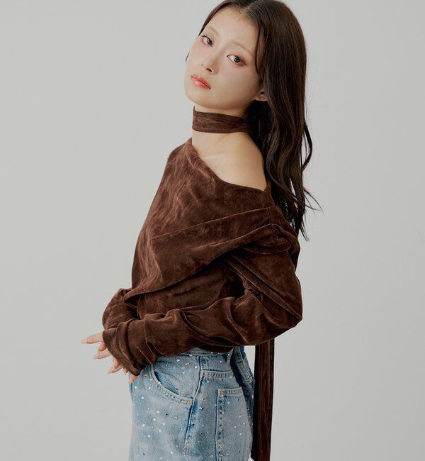  「【SALON by Chico】タイ付きベロアワンショルギャザートップス」|Tシャツ・カットソー|