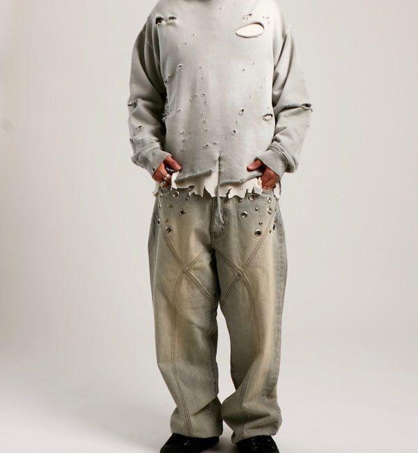  「アイレットスタッズスウィッチングブラストワイドデニム」|デニム|