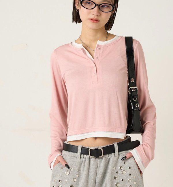  「【WEB限定カラーあり/ドット柄】レイヤードヘンリートップス」|Tシャツ・カットソー|