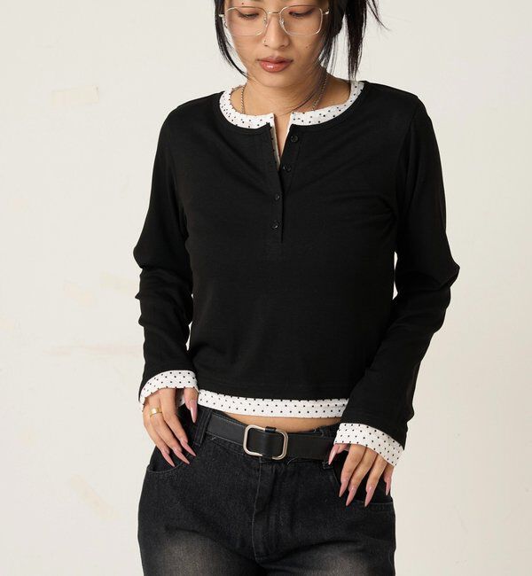  「【WEB限定カラーあり/ドット柄】レイヤードヘンリートップス」|Tシャツ・カットソー|