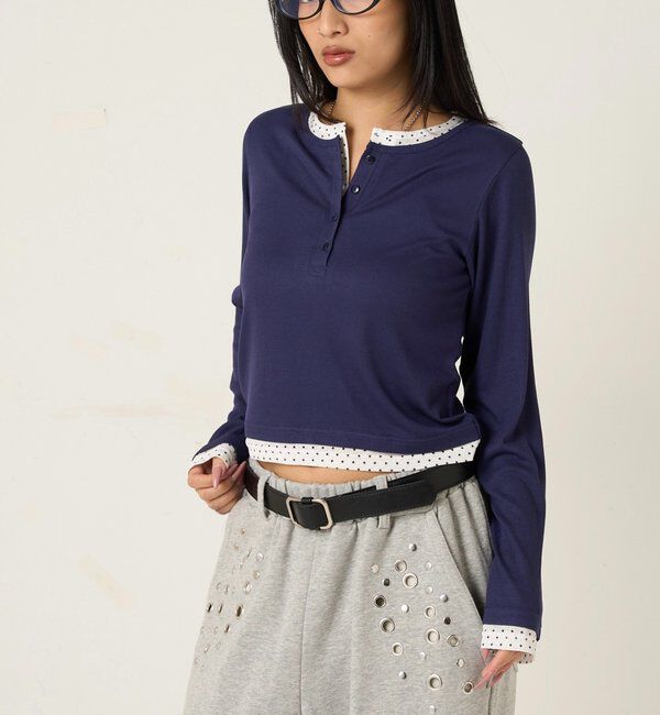  「【WEB限定カラーあり/ドット柄】レイヤードヘンリートップス」|Tシャツ・カットソー|