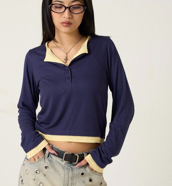  「【WEB限定カラーあり/ドット柄】レイヤードヘンリートップス」|Tシャツ・カットソー|