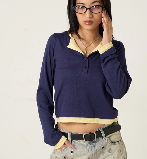  「【WEB限定カラーあり/ドット柄】レイヤードヘンリートップス」|Tシャツ・カットソー|